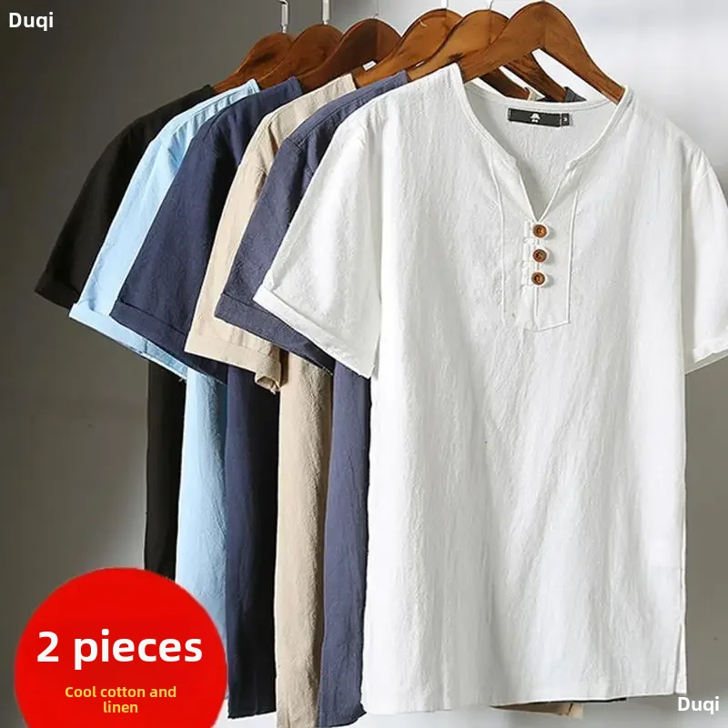 Summer Linen Short Sleeves Men's Chinese Style Suit V-neck Cotton Linen T-shirt Trendy Casual Top Thin For Hot Weather