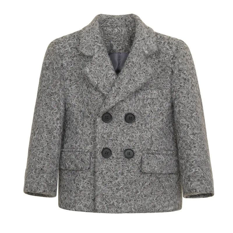 Kids Grey Curly Fleece Wool Blazer Double-Breasted Short Coat Winter Outerwear Warm Formal Jacket for Teen Boys 3-14 Years