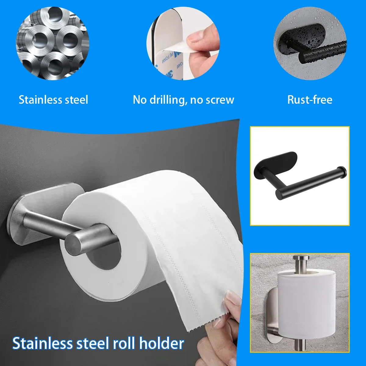 No Drilling Toilet Paper Holder SUS304 Stainless Steel Self Adhesive Wall Mount Tissue Towel Roll Dispenser for Bathroom Kitchen