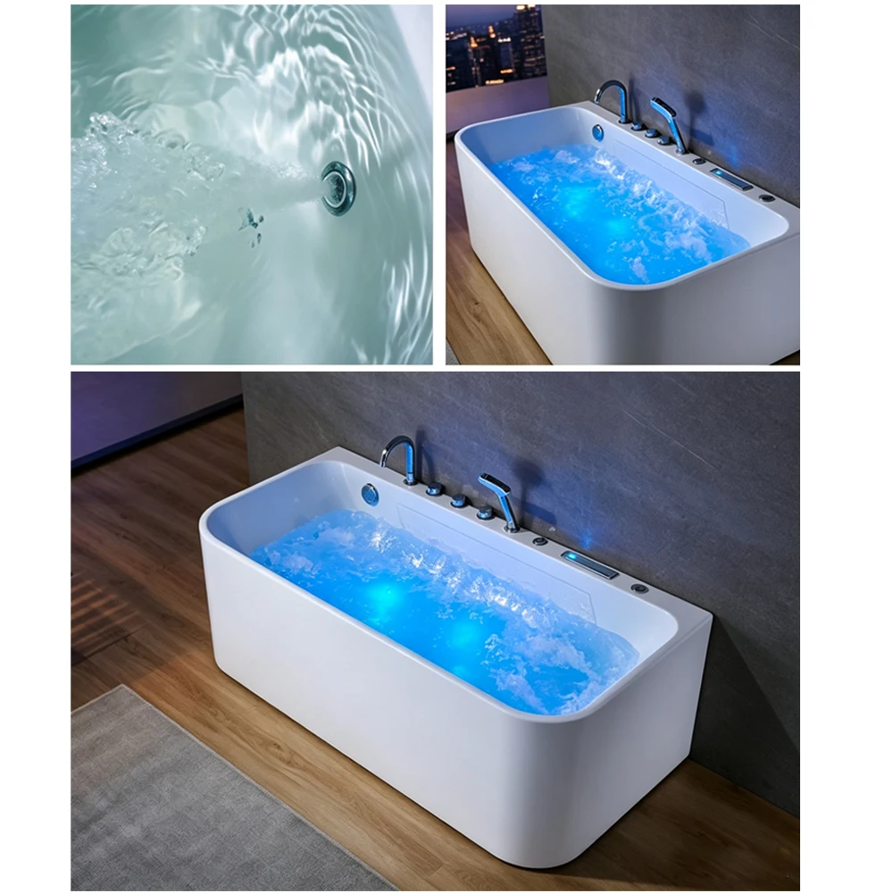 Modern Rounded Rectangular Smooth Freestanding Acrylic Bathtub LED Light With Jet Whirlpool Spa Jacuzzi