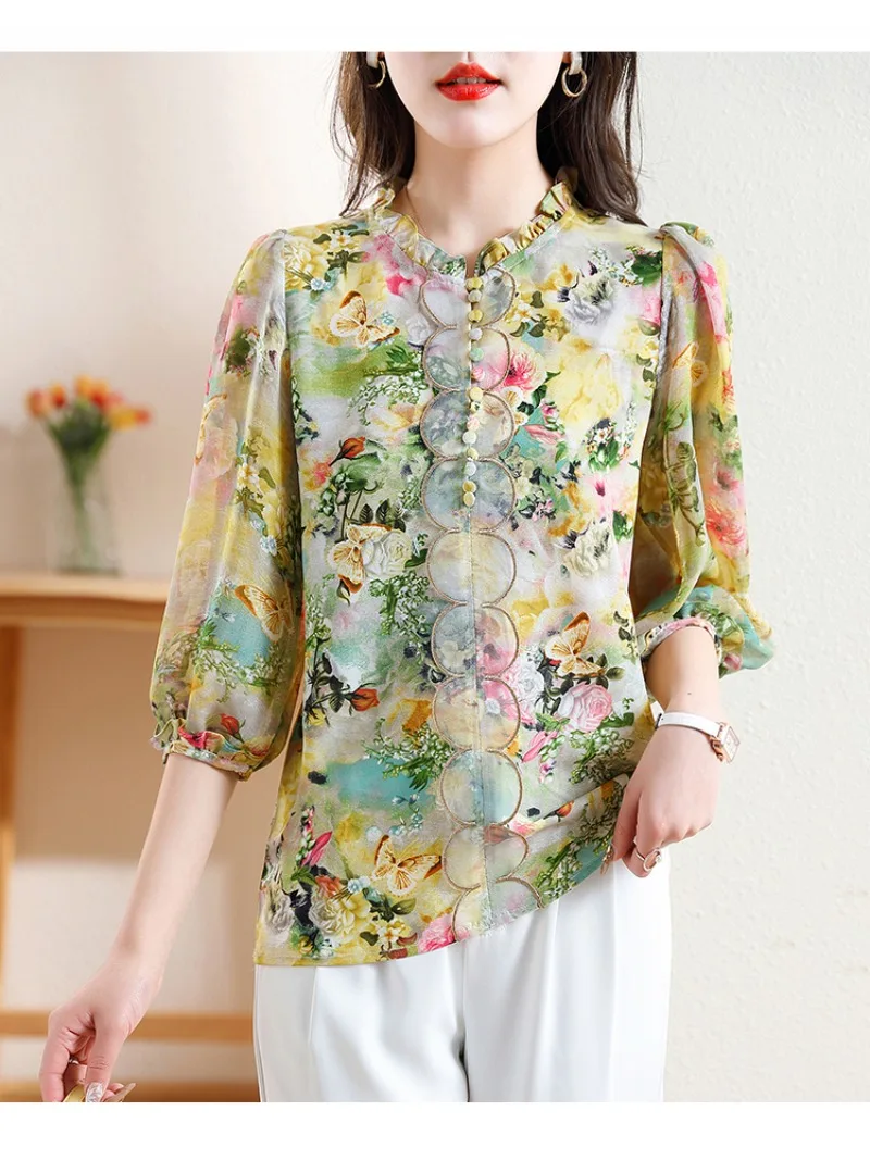 Women\'s Fashion Shirt Summer Korean Edition High end Thin Style Elegance Slimming Print Lantern Middle Sleeve Shirt for Women