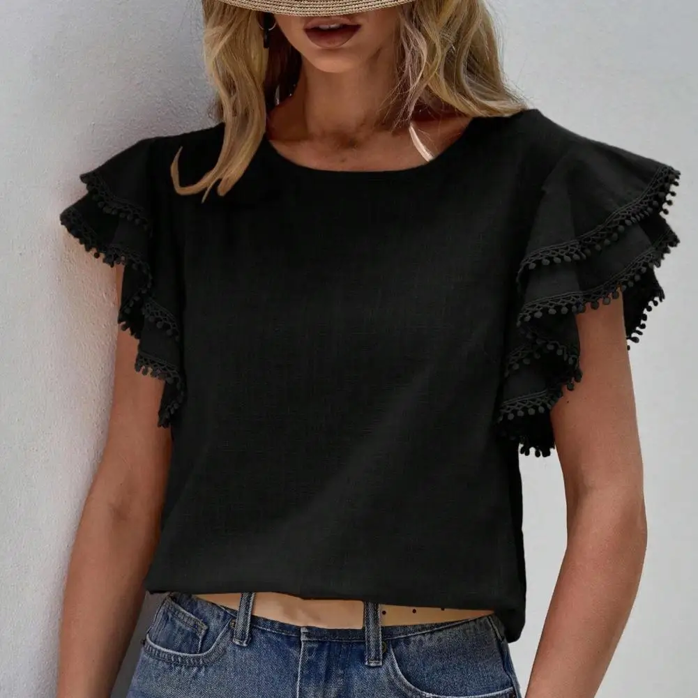 

Female Shirt Stylish Women's Summer Ruffle Shirt with Short Sleeve Loose Fit Blouse for Casual Streetwear Fashion Lightweight