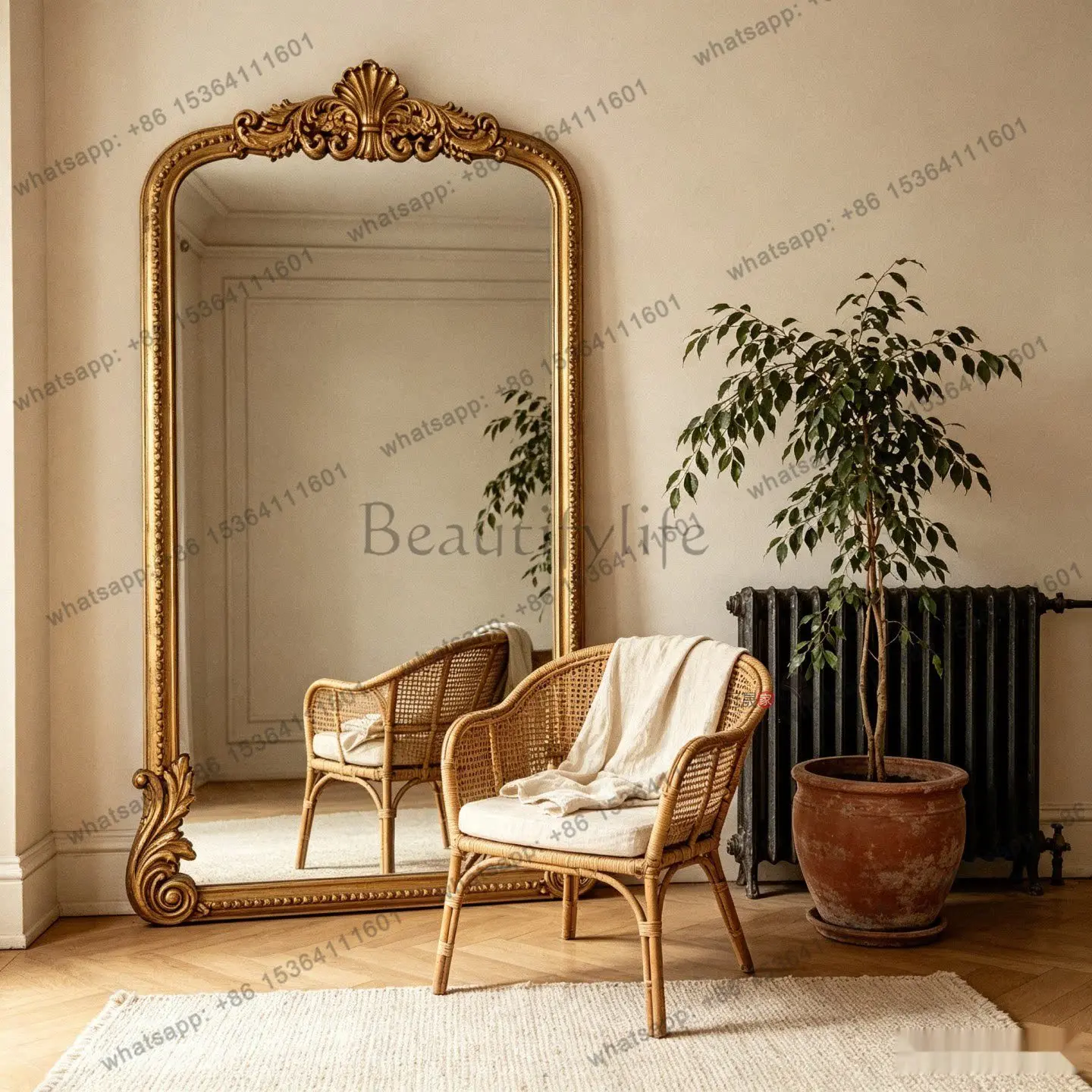 French carved full-body mirror American home arched floor-to-ceiling European porch bedroom fitting mirror