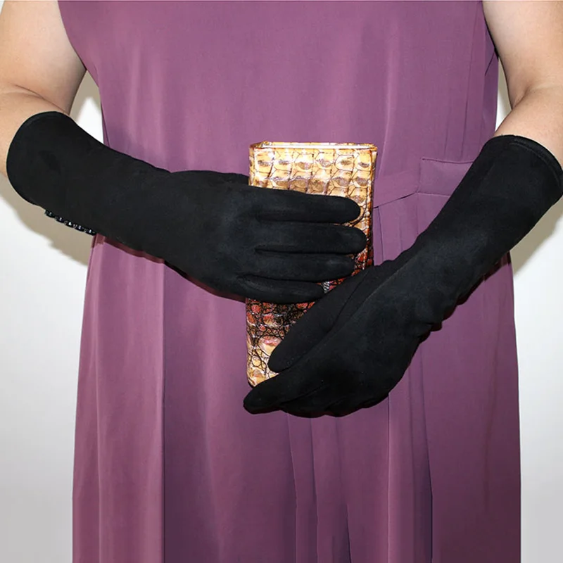 Guantes de algodón de punto de 35 CM de largo para mujer, manguitos cálidos de gamuza con pantalla táctil, protección solar Simple, moda de otoño e