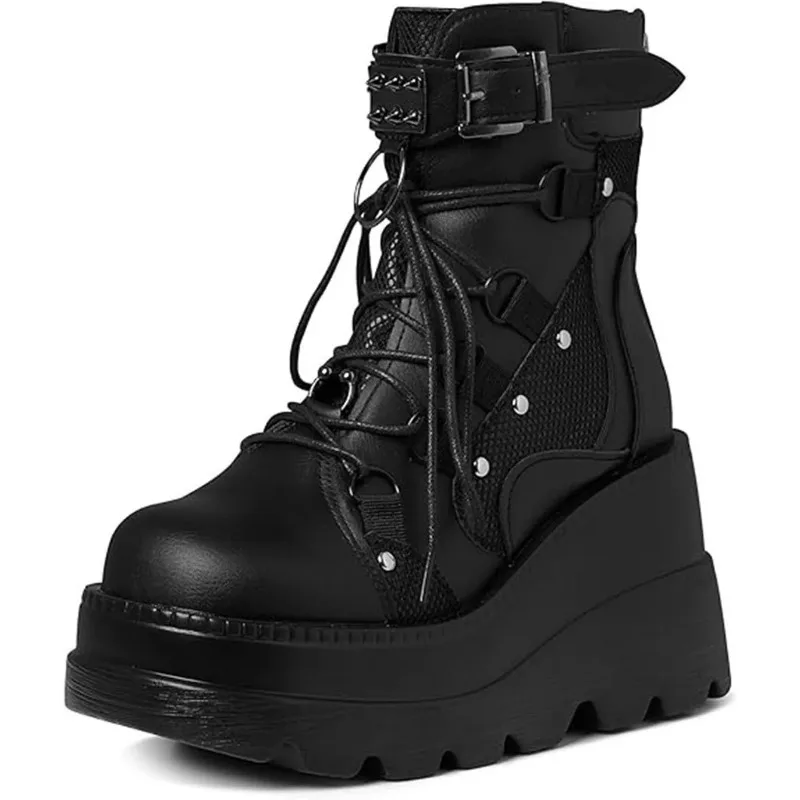 Women's Goth Cosplay Wedge Combat Ankle Boots Fashion Stylish Punk Buckle Lace-up Zipper Dress Boots Ladies Winter Outdoor Shoes