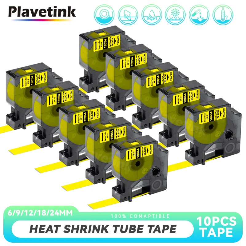 PLAVETINK 10Pack 18054 12mm *1.5m label tape Compatible for DYMO D1 Industrial Heat Shrink Tube label 9mm 12mm 19mm 18055 18057