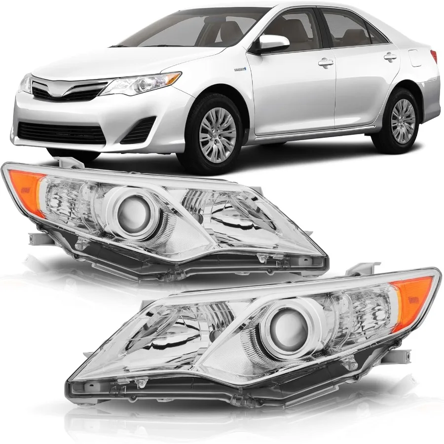 

Headlight Assembly Compatible with 2012 2013 2014 Camry L LE XLE Hybrid LE XLE Halogen Headlamp Chrome Housing Amber Reflector