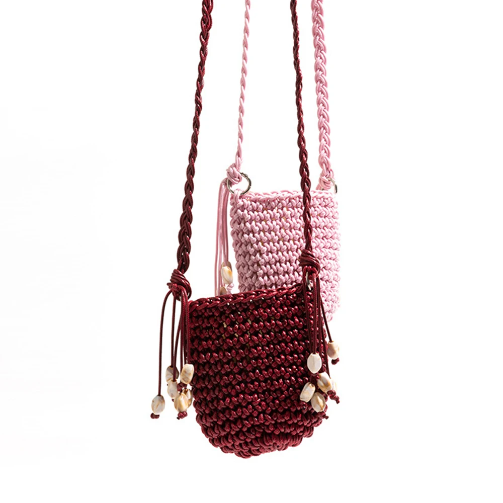 Mini Rope Knitting Shoulder Bag Bohemian Beading Tassel Crossbody Bags for Women Drawstring Woven Beach Bag Small Bucket Bags