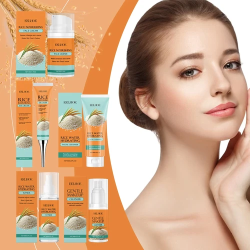Juego de cuidado de la piel de arroz 5 en 1, desmaquillante de brillo suave, desmaquillante, tóner, crema facial, crema para ojos, piel hidratante brillante