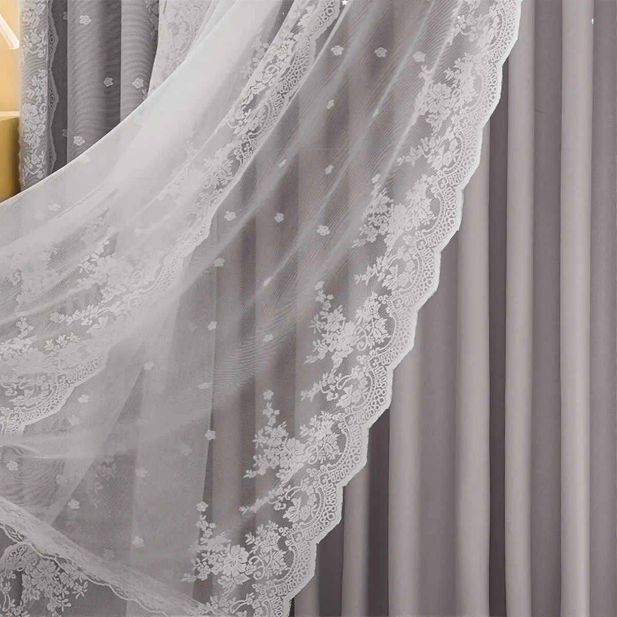 2 Panels Light Grey Lace Double Layer Pin Hook Curtains, French Cream Gentle Ins Style, Dot Flocked Floral Privacy Sheer Drapes