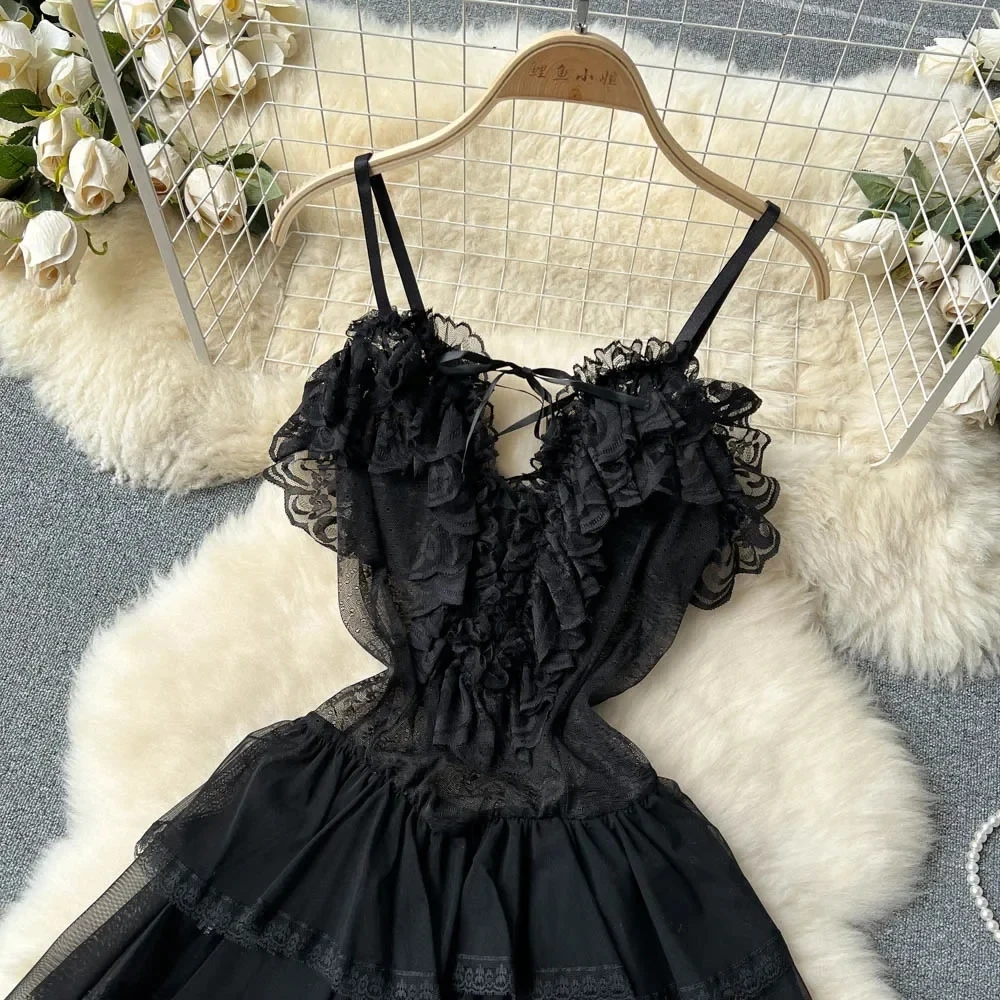 Ruffles Sweet Cake Lace Dress Women Strap Lace Up Backless Mesh Sexy Fashion Party Mini Comfortable Dress - view 5