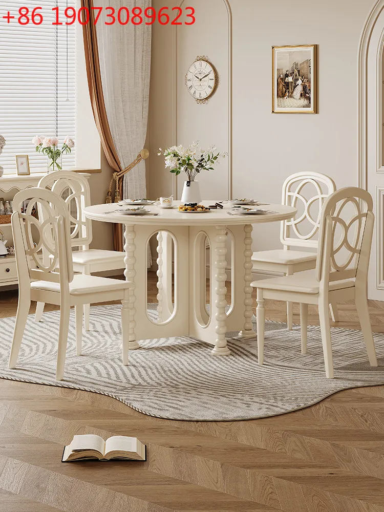 

French cream style all solid wood round dining table small apartment family dining table simple restaurant white dining table
