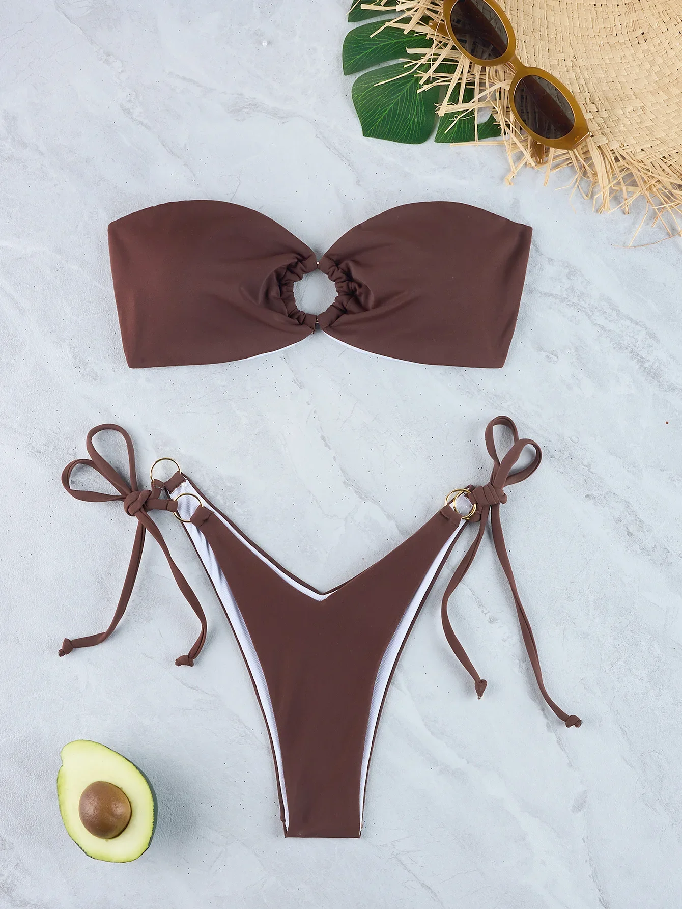 Sexy Micro Bikini 2025 Woman Swimsuit Brown Bandeau Ring Swimwear Women String Thong Bikinis Set Female Bathing Suit Beach Wear