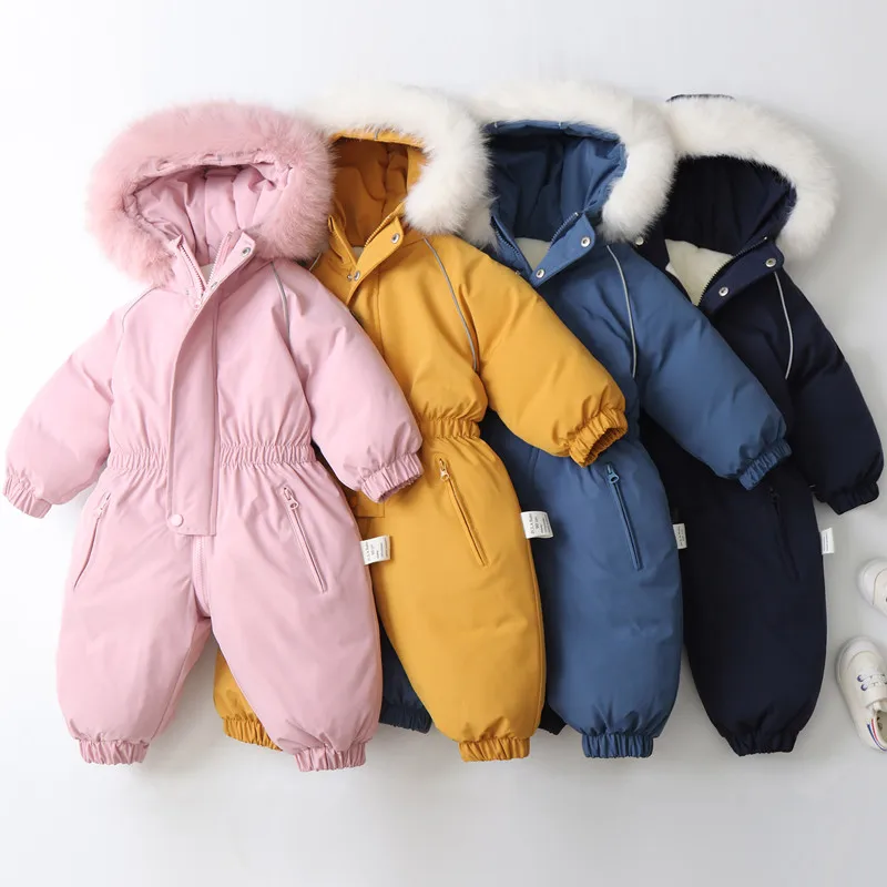 Kids Snowboard Clothing Winter Toddler Girl Snow Suit Solid Zipper Baby Boys Ski Suit Little Boys Fur Lining Hooded Parka