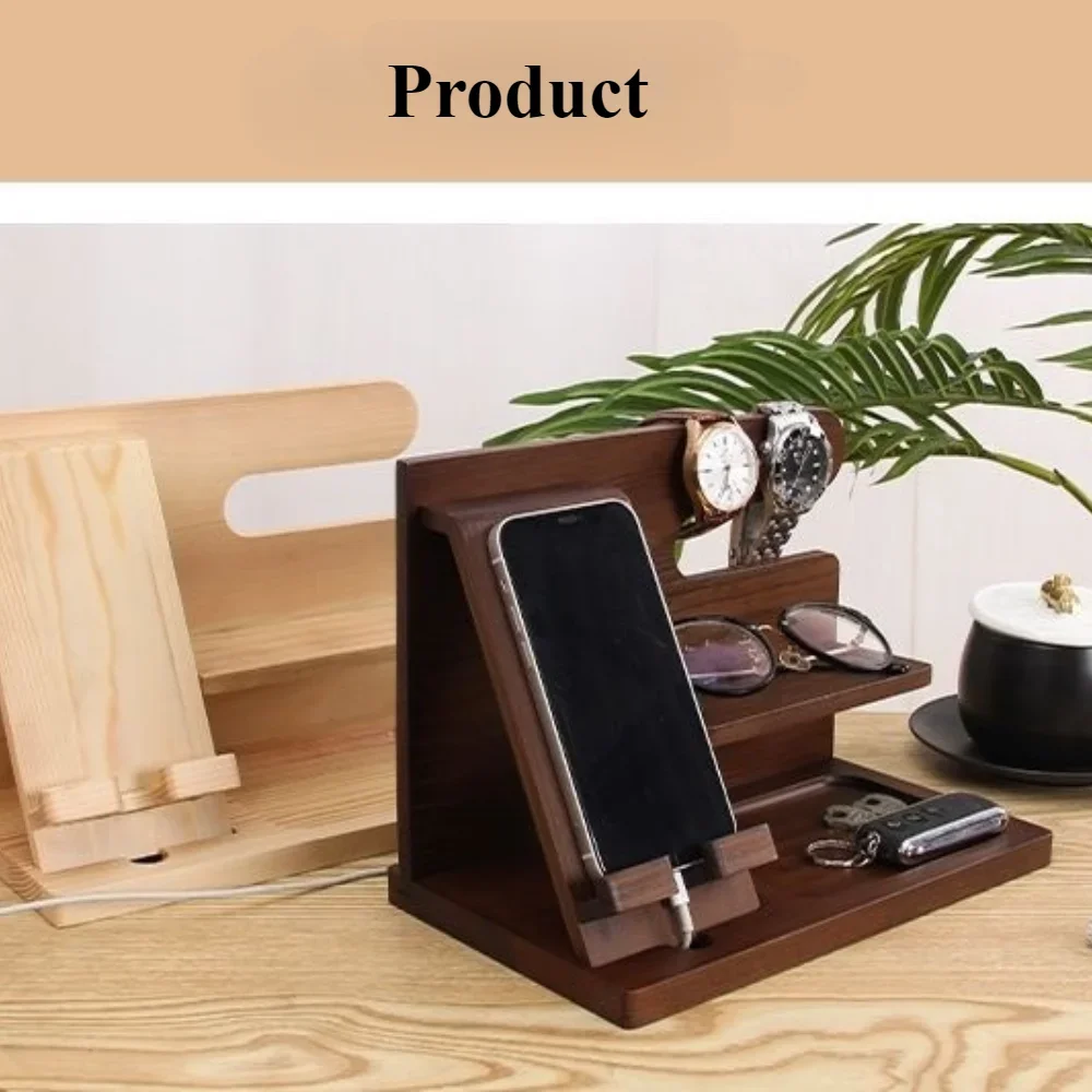 Solid Wood Phone Stand Desktop Creative Storage Rack Multifunctional Hanging Watch Glasses Key Accessories -1pc