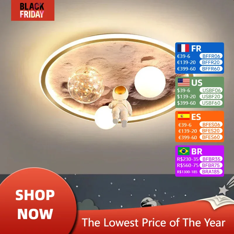 European Modern Children\'s Moon Lustre Led Lights Astronaut Bedroom Chandeliers Decoration Ceiling Lamps for Room Home-appliance