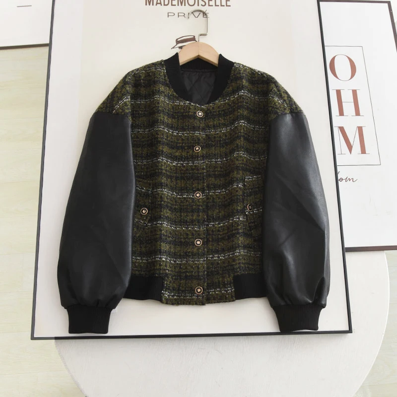 

Autumn Winter Vintage Color Blo Cotton Blend Baseball Jaet Women's Loose Fit Outerwear Faionable Splicing Design