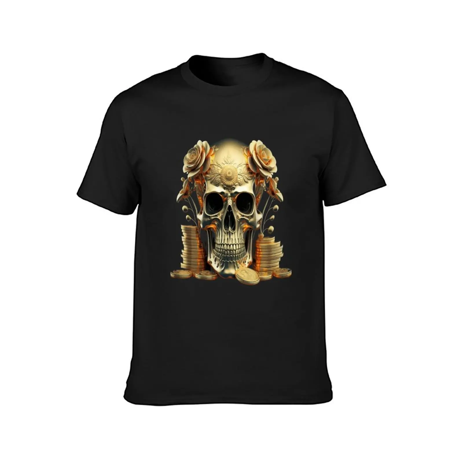 Skull adorned with intricate golden flowers T-Shirt Aesthetic clothing new edition oversizeds anime clothes Men's t-shirts