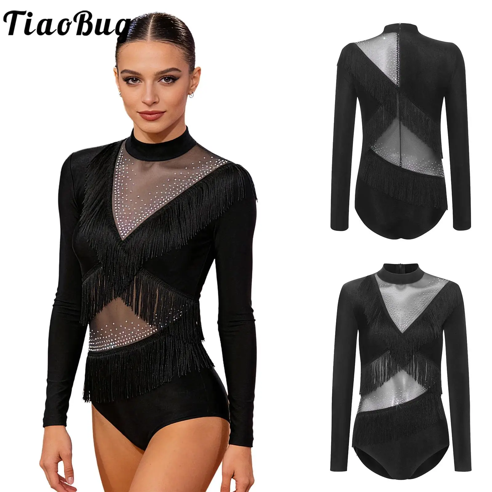 

Women Tassel Latin Tango Dance Leotards Sheer Mesh Rhinestones Bodysuit Long Sleeve Skating Jumpsuits for Performance Costumes