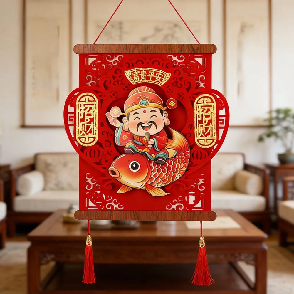 God Of Wealth Poster 2026 Year Of The Horse New Year Red Gold Flocked Fabric Size 30 70cm Decorative Piece for Wall