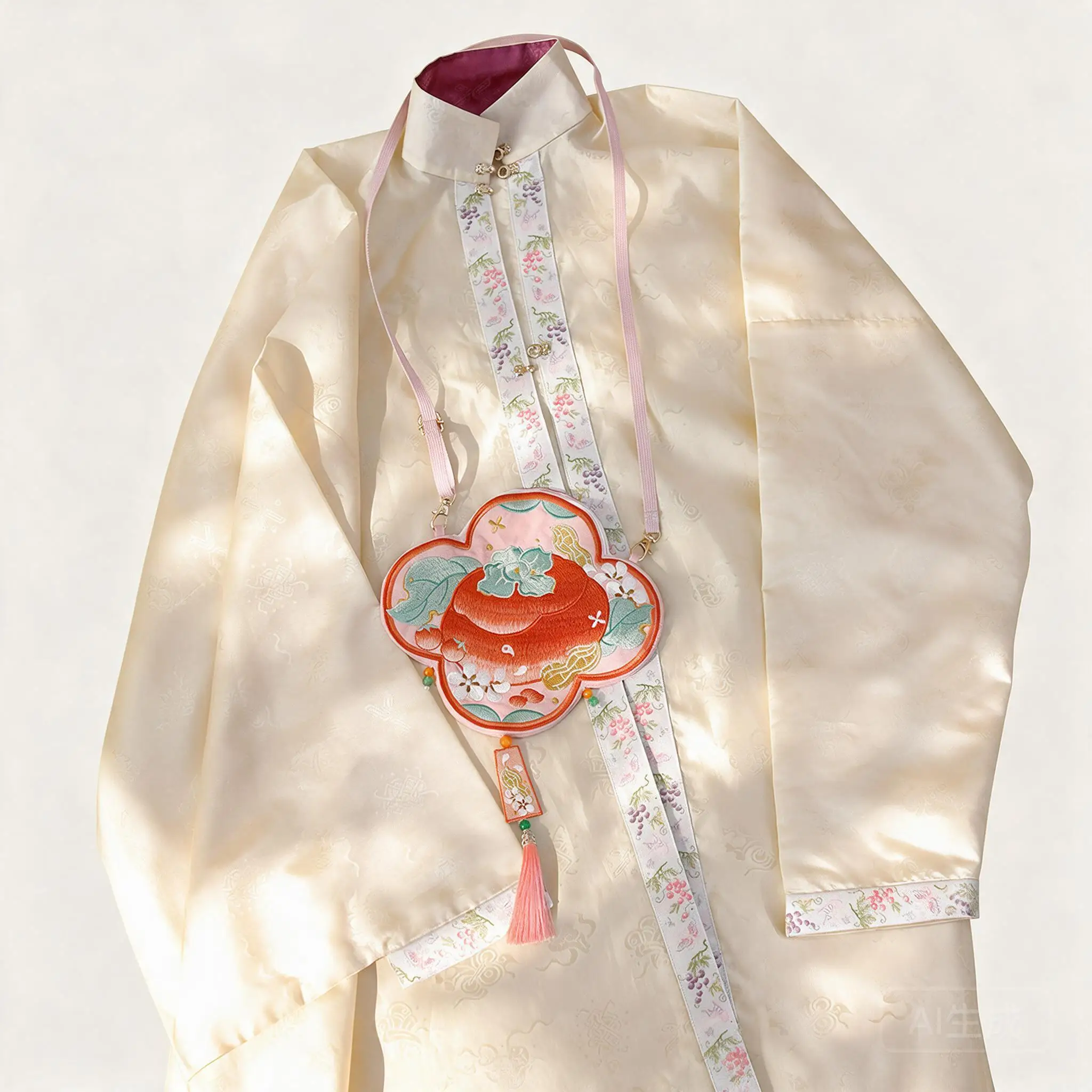 Chinese Traditional Hanfu Persimmon Embroidered Crossbody Bag With Tassel Adjustable Strap Chain Unisex For Daily Cosplay Wear
