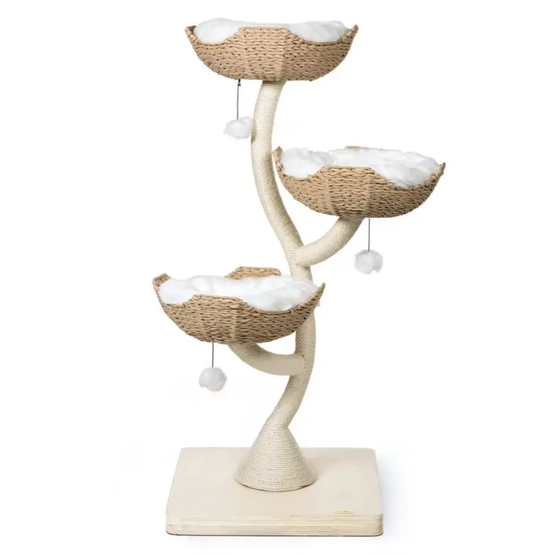 

Natural wooden house luxury cat climbing frame with rattan bed and sword hemp rope cat scratching rod cat tree