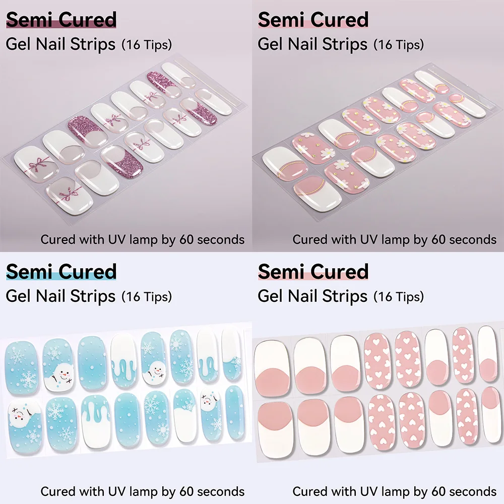 

16Tips Fine Glitter Semi-Cured UV Gel Nail Stickers Leopard Print Manicure Sticker Floral Design Full Coverage Nail Art Wraps