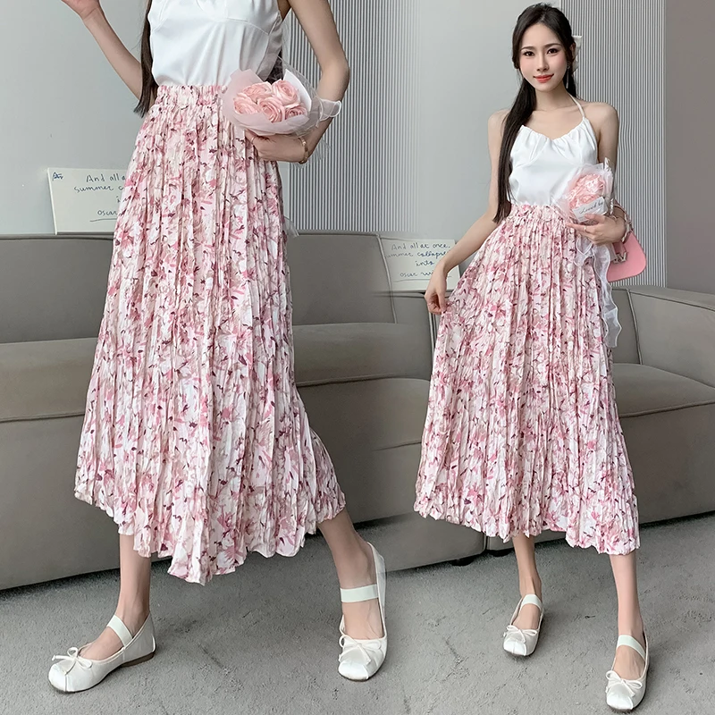 

Casual French Floral Pleated Mid-length Half Skirt Female 2023 Summer High Waist Elastic Waist A Word Thin Section Long Skirt