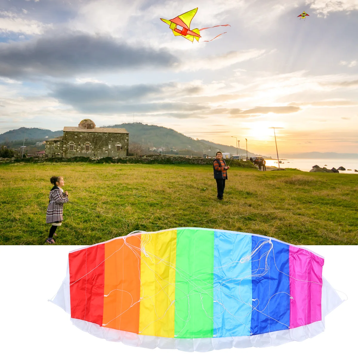 Paraguas de arcoíris, juguetes para cometas, accesorios para exteriores para niños, tela voladora divertida y creativa para niños