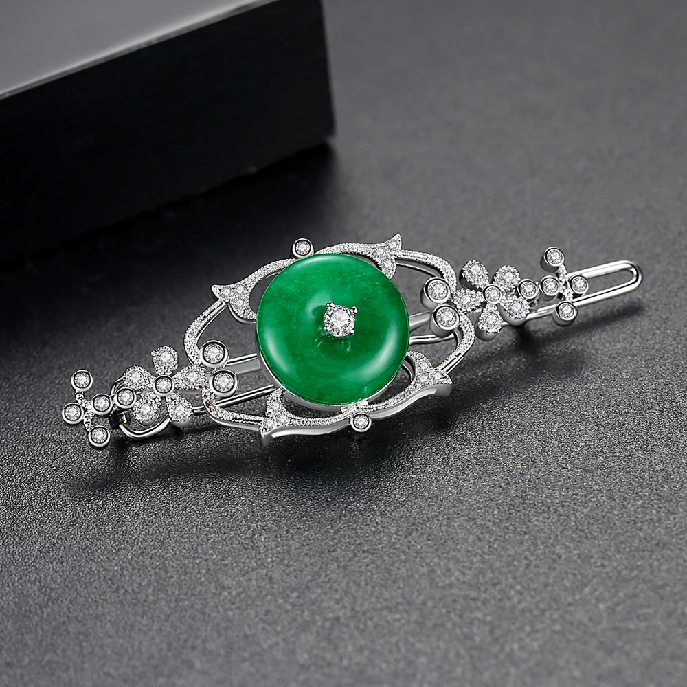 LUOTEEMI Classic Exquisite Imitation Jade Hair Clips for Women Vintage Wedding Engagement Bridal Hair Accessories Christmas Gift