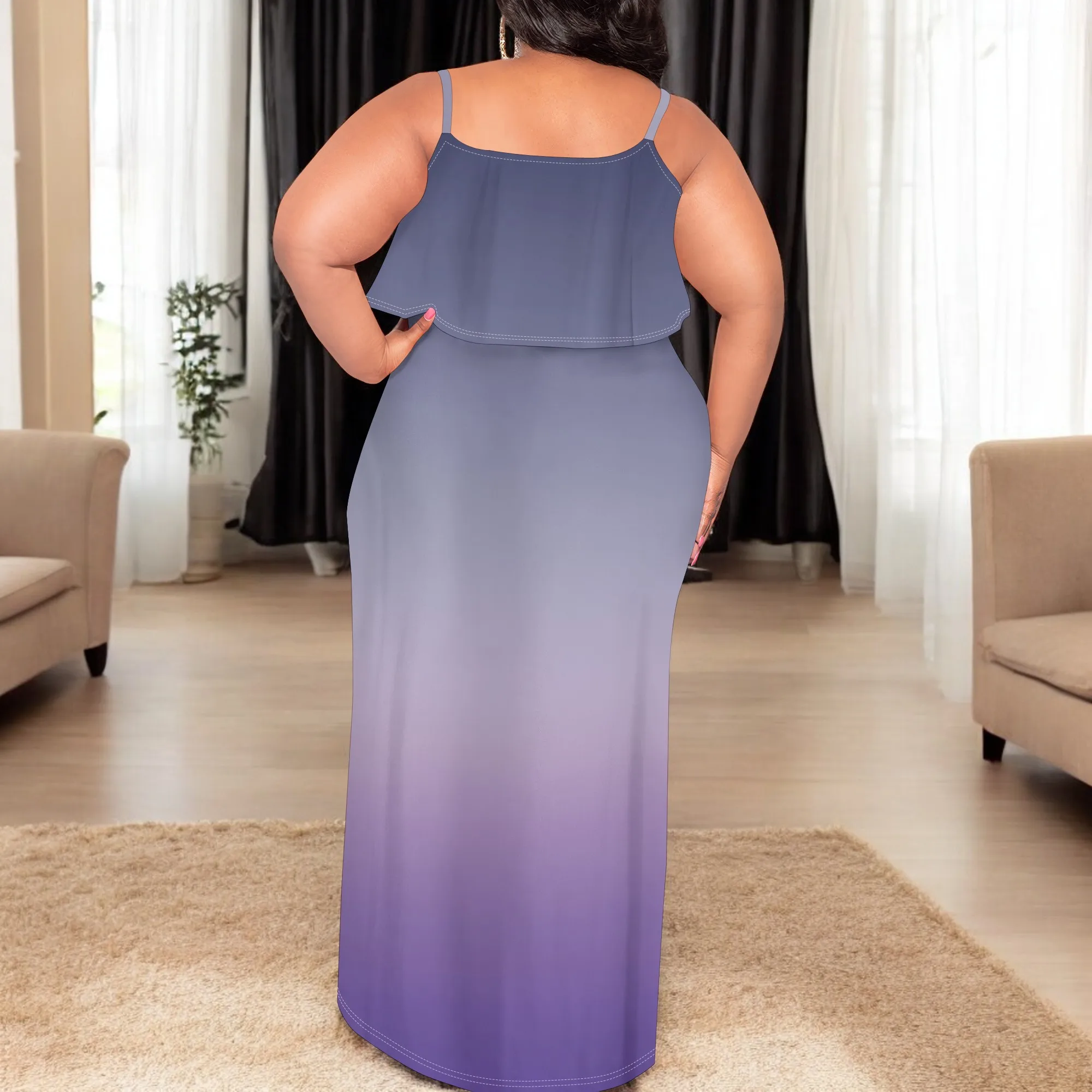 Plus Size Summer Maxi Dress for Curvy Women Spaghetti Strap Casual Loose Sleeveless Solid Color Gradient Flowy Tiered Dress