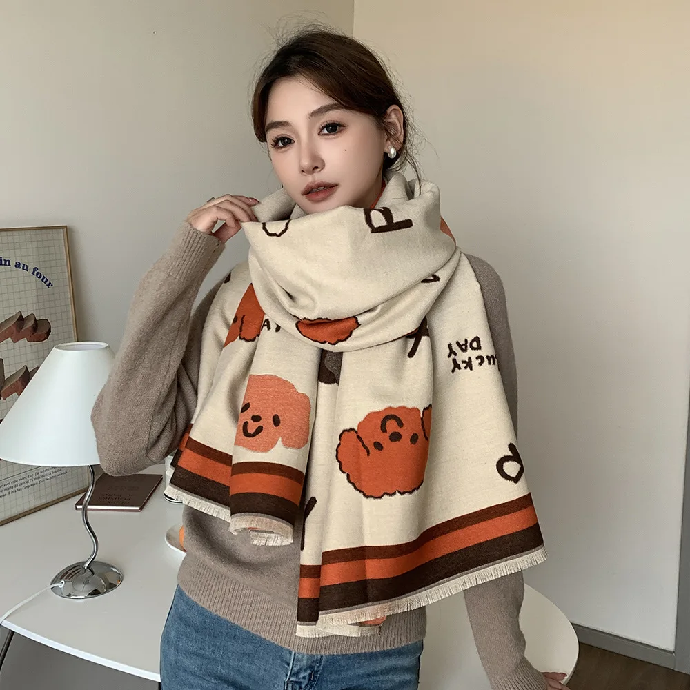 Cute Dog Lucky Day Letters Good Acrylic Cashmere Scarf Thick Shawl Women Spring Autumn Fashion Wraps Winter Neckerchief Long