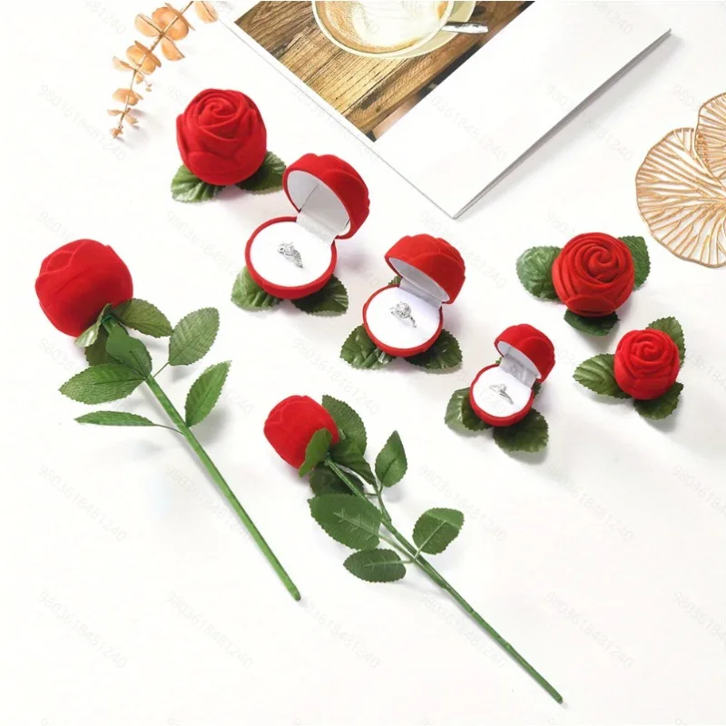 1pc Velvet Rose Flower Ring Box Valentine Day Romantic Rose Bouquet Ring Case Earrings Holder Engagement Ring Storage Case