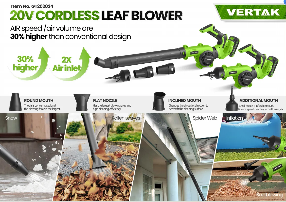 VERTAK-A 20V Multi-function Cordless Leaf Blower Household Lawn Care Battery Operated Air Blower with 3 Blowing Nozzles