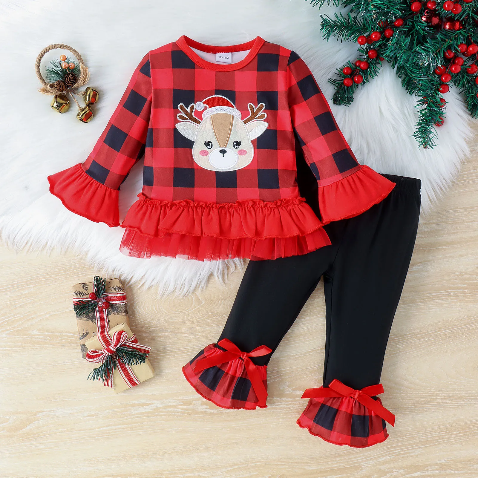 

Toddler Kids Girls Christmas Clothes Sets Long Pants Set Long Sleeve Elk Embroidery Plaid Tops Flared Pants Two Pieces Sets 1-5T