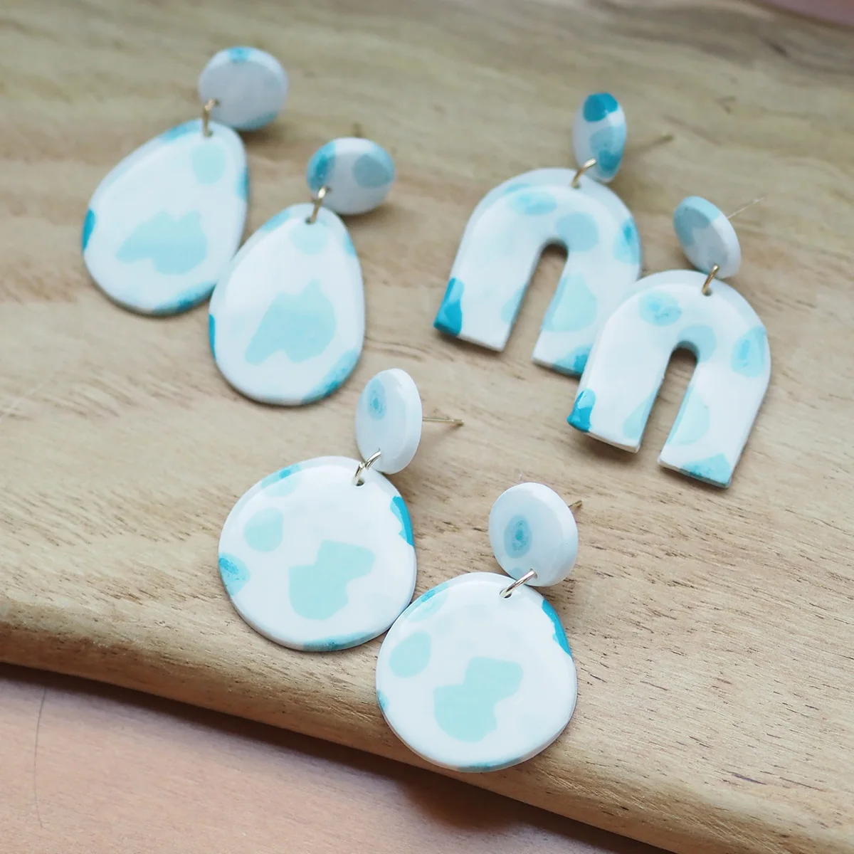 Light Blue Abstract Pattern Polymer Clay Dangle Earrings Multi Shape Fashion Accessories for Women Sparkling Surface for Party D