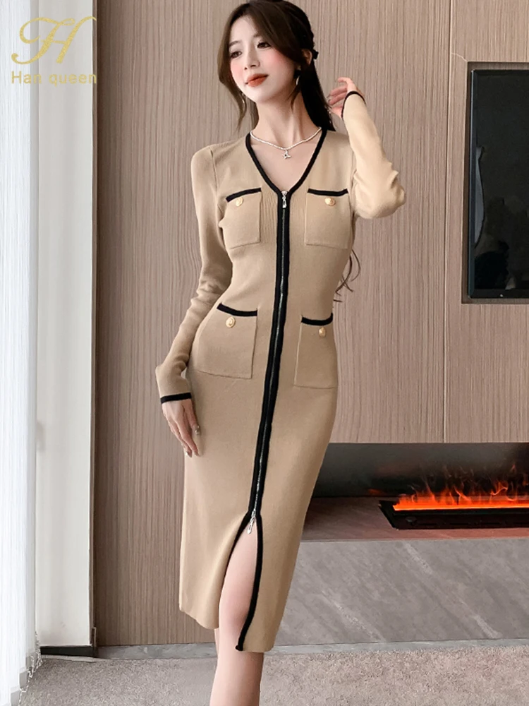 H Han Queen Autumn Fashion Color Blocking Korean Zipper Elegant Office Pencil Knitted Dress Women Casual Dresses Bodycon Vestido