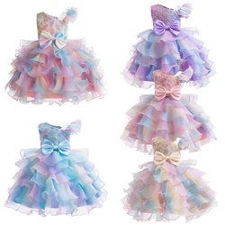 Girls Fancy Rainbow Bowknot Princess Dress Children Fairy Bow Ball Gown Birthday Carnival Party Costumes Fantasy Outfits