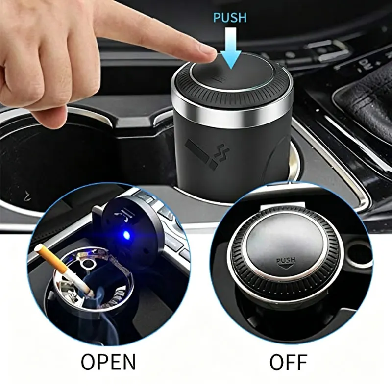 Car Ashtray with Lid Smell Proof, Car Cigarette Ashtray with Lid and Light, Stainless Metal Material, Easy To Clean for Most Car