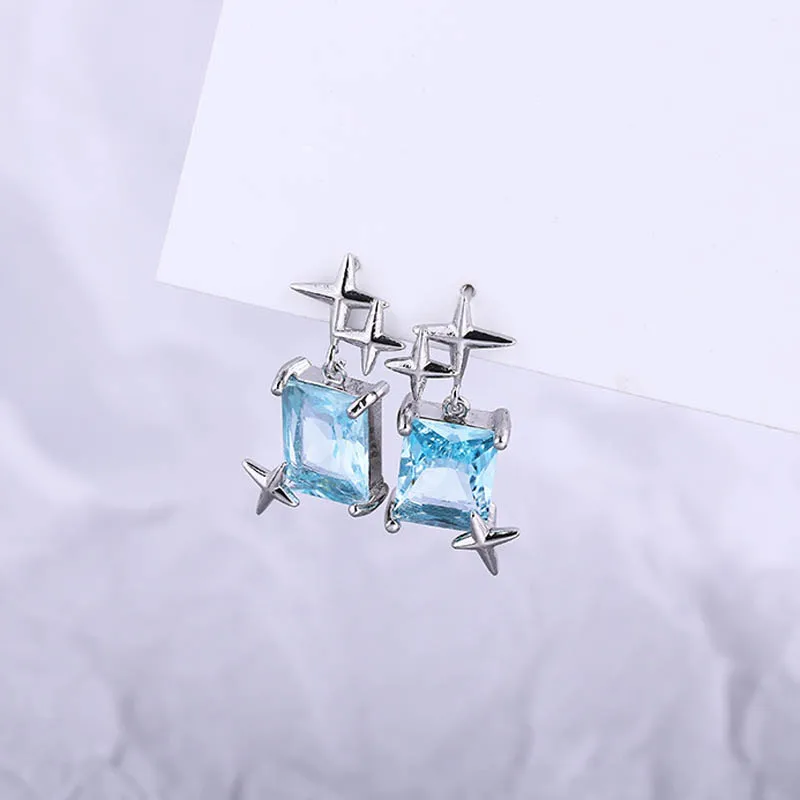 Baby Blue Cube Crystal Zircon Stars Stud Earrings Silver Plated Jewelry Accessory Birthday Gift for Women Ladies And Girls