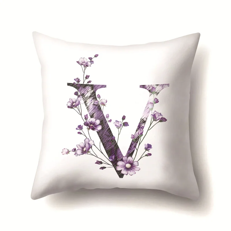 45x45cm Creative 26 English Alphabet Pillowcase Purple Flower Leaf Plant  Sofa Bedroom Decoration