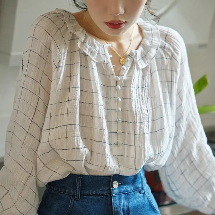 

Plaid Super Cotton Linen Yarn Peter Pan Collar Long Sleeve Women Shirt Blouse New 2022 Spring Summer