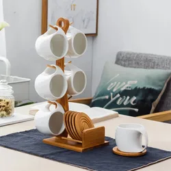 200ml Ceramic Coffee Cup Tea Set Bamboo Wood Stand Household Mug Creative Simple Hanging Cold Water Cup Set Kitchen Restaurant