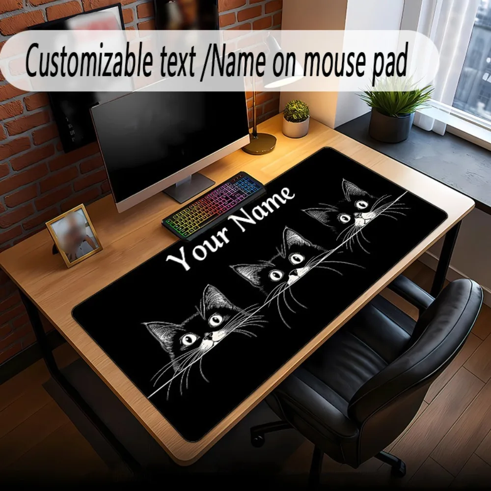 Cute 3 Black Cats Custom Desk Mat With Name Number, Slip Resistant Rubber Base, Adorable Accessory For PC Office Gaming Gift