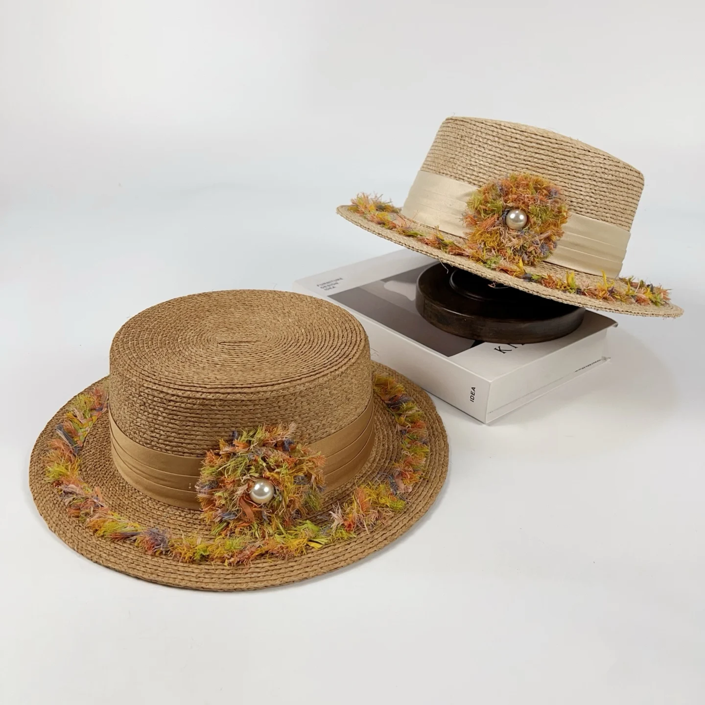 summer-straw-woven-raffia-tassel-decorated-sun-hat-women's-wide-brim-beach-holiday-sunshade-flat-top-straw-hat-adjustable-band
