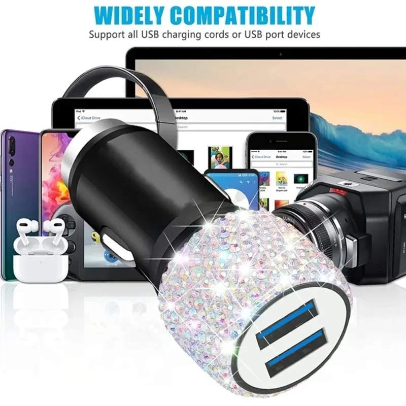 Rhinestone Crystal Retractable 3 in1 Fast Charge Data Cable Car Fast Charge Line Type-C for iphone Android Dual USB Car Charger