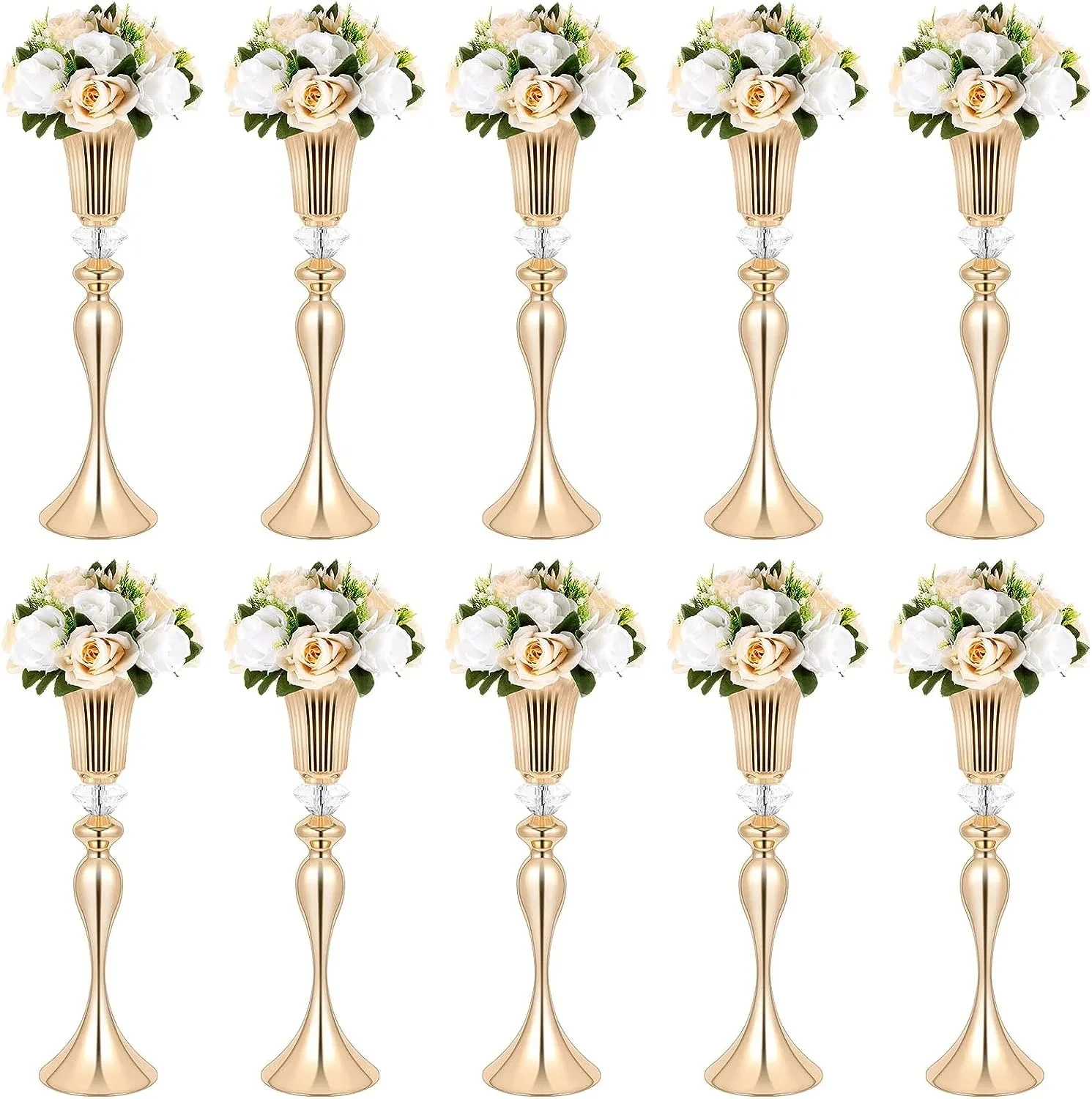 10PcsGold Vases for Centerpieces Wedding Flower Stand Gold Metal Flower Trumpet Vase with Acrylic Crystal Bead Wedding Reception