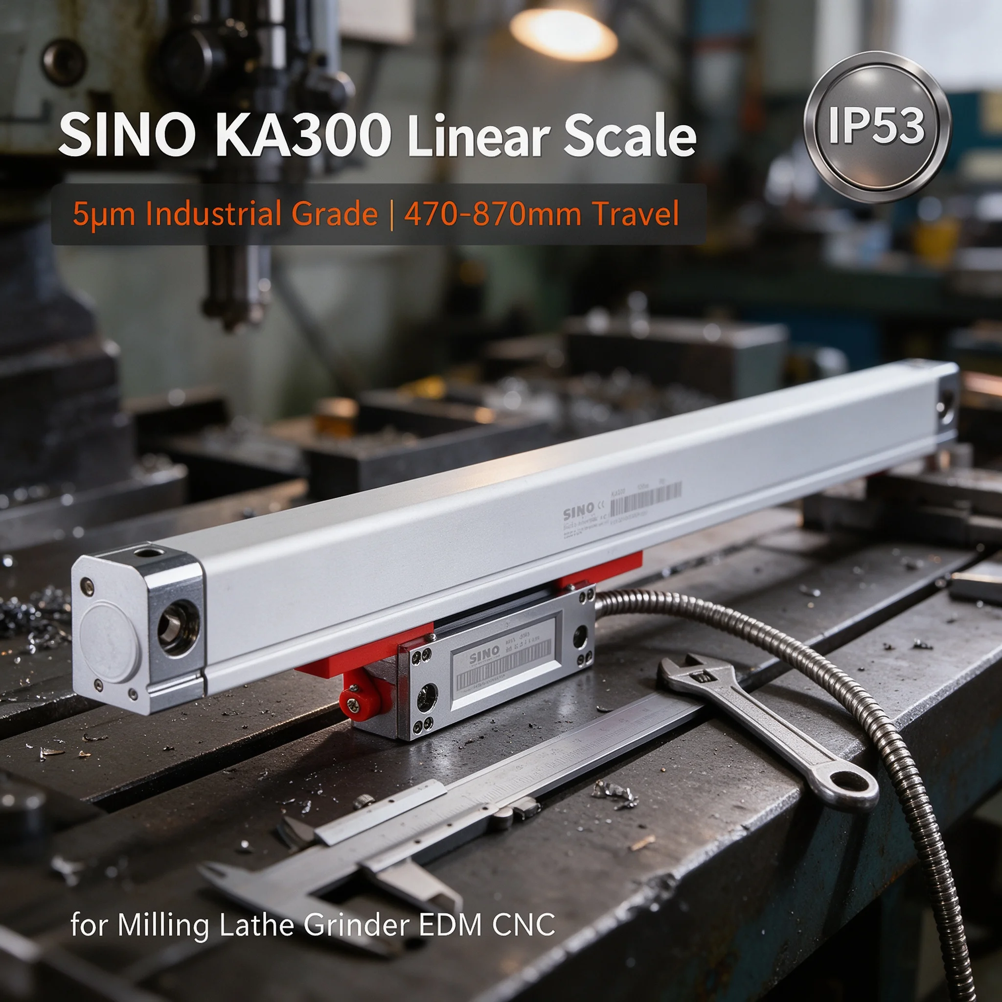 SINO KA300 5μm Linear Glass Scale 470-870mm Heavy-Duty DRO Encoder 60m/min IP53 Quick Install for Milling Lathe Grinder CNC Kit