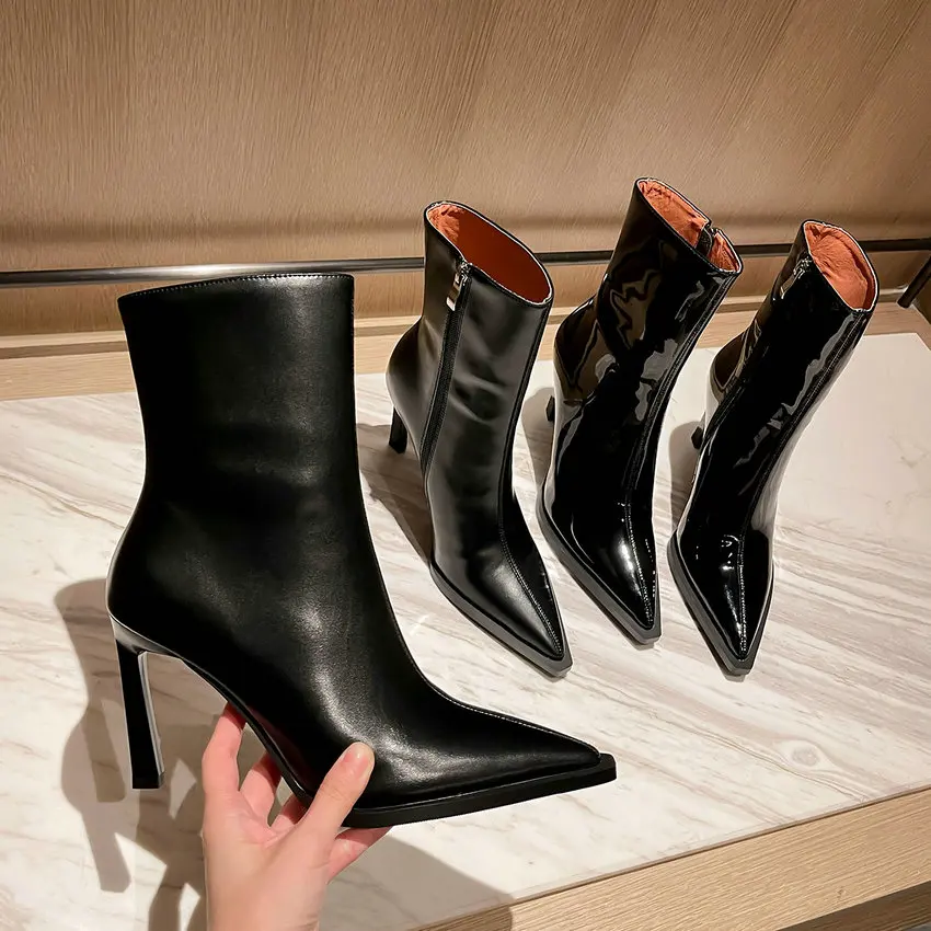 QUTAA 2027 Thin High Heels Women Ankle Boots Autumn Winter Genuine Leather Pointed Toe Shoes Woman Zipper Office Lady Size 34-39