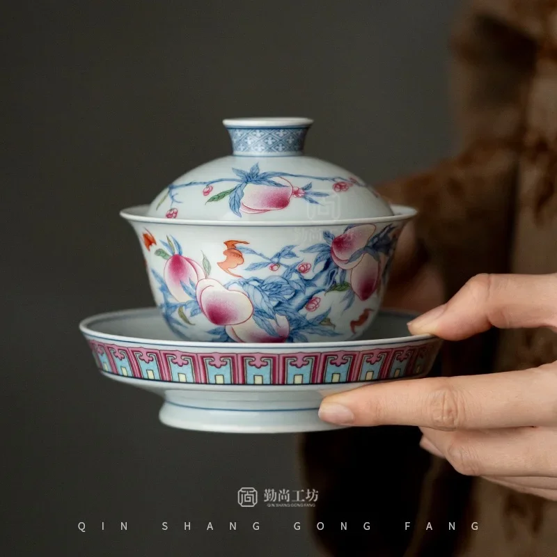 Antique Blue and White Pastel Longevity Peach Cover Bowl Tea Bowl Pot Bearing Ceramic KungFu TeaSet TeaCup Master Cup Decoration